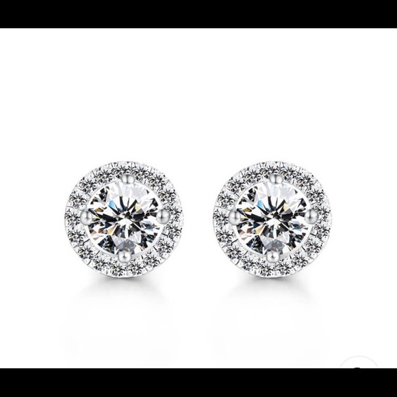 Sterling Silver Round CZ Halo Earrings - Picture 2 of 3